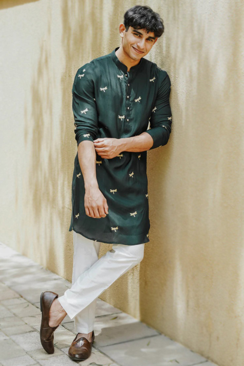 Dark Green Cotton Zari Embroidered Straight Cut Men's Kurta Pajama