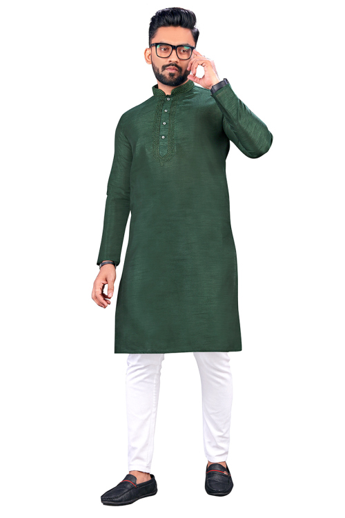 Dark Green Dori Embroidered Cotton Men's Kurta Pajama