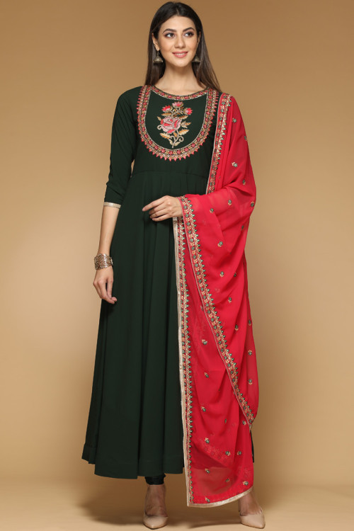 Dark Pine Green Silk Anarkali Suit With Resham Work