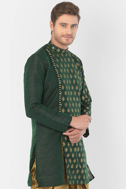 Dark Green Dupion Silk Foil Print Angrakha Style Men's Kurta