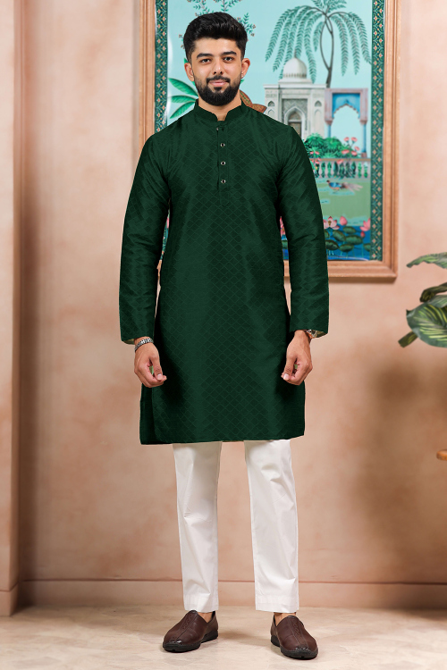 Dark Green Dupion Silk Men's Kurta Pajama With Weaved Work