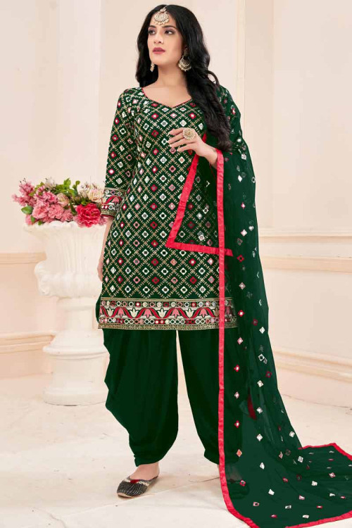 Dark Green Embroidered Cotton Patiala Suit