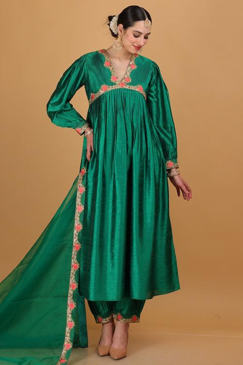 Dark Green Embroidered Dupion Silk Salwar Suit
