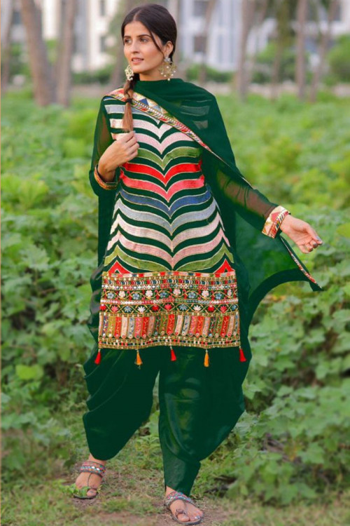Dark Green Embroidered Georgette Straight Cut Patiala Suit 