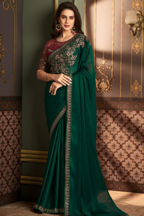 Dark Green Embroidered Soft Silk Saree For Mehndi 