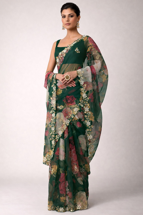 Dark Green Floral Printed Organza Saree For Mehndi 