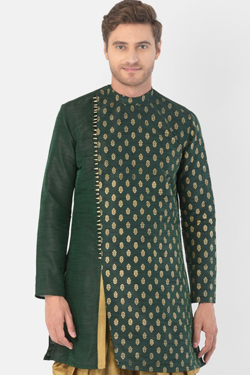 Dark Green Foil Print Dupion Silk Angrakha Style Men's Kurta