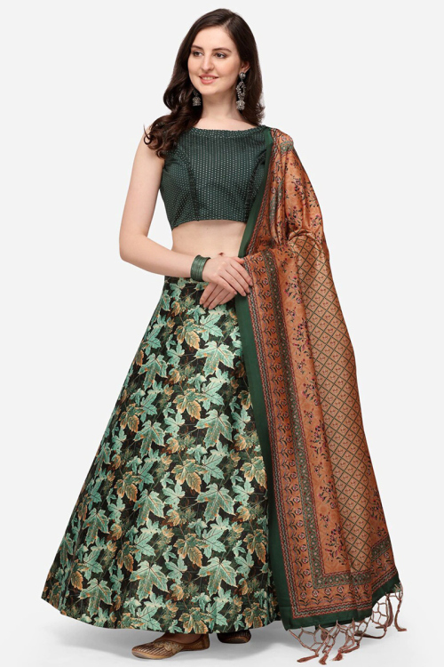 Dark Green Foliage Print Silk A Line Style Lehenga 