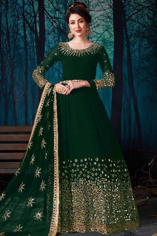 Dark Green Georgette Eid Anarkali Suit With Mirror Work