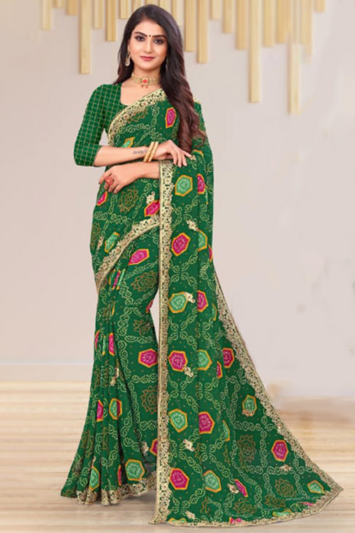 Dark Green Georgette Bandhani Printed Saree For Mehndi 