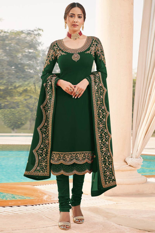 Georgette Dark Green Stone Embroidered Churidar Suit for Mehndi