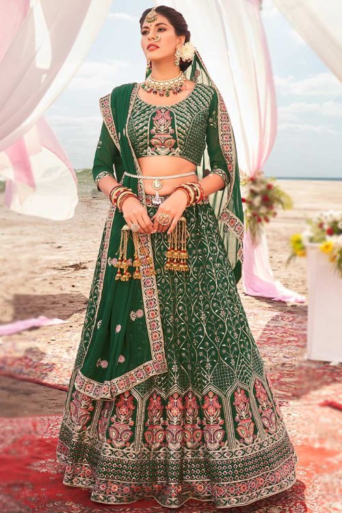 Dark Green Georgette Embroidered Lehenga