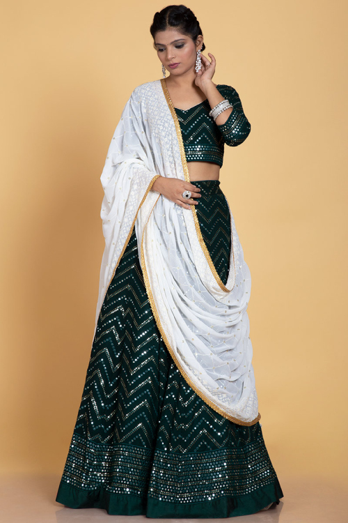 Georgette Lehenga with Sequins Work in Dark Green for Wedding 