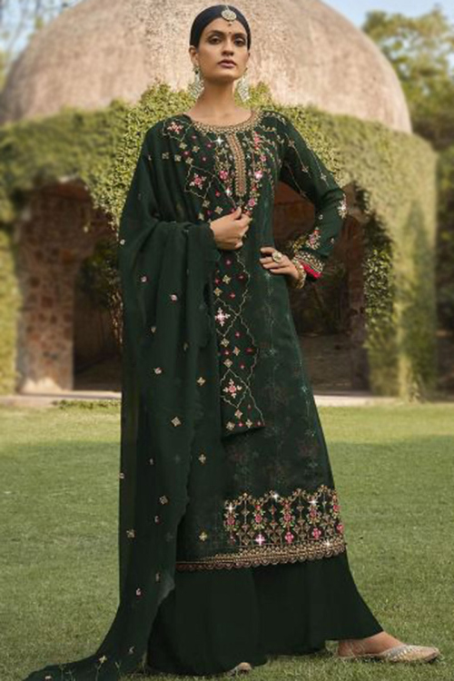 Dark Green Traditional Wedding Wear Trouser Salwar Kameez in Georgette