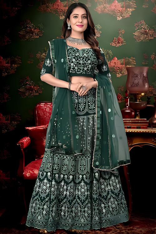 Dark Green Saree with Resham Embroidery Detailing