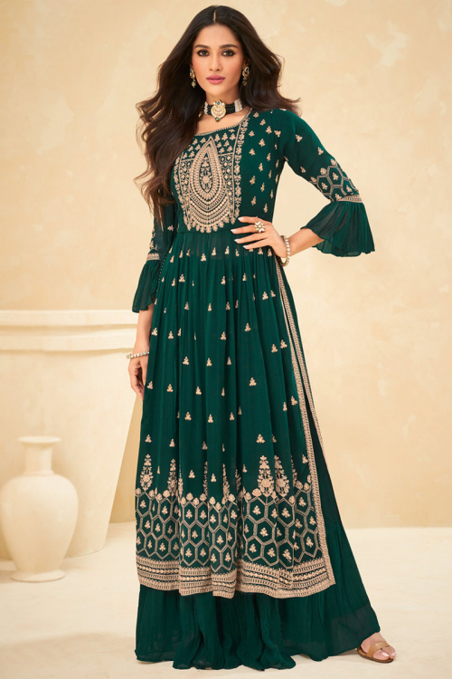 Dark Green Georgette Sequins Work Sharara Salwar Suit for Party Wear