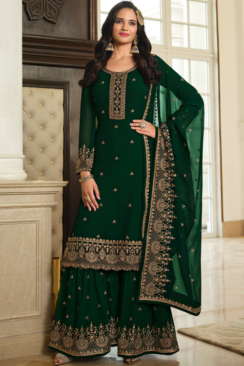 Dark Green Wedding Wear Sequins Work Sharara Suit in Georgette