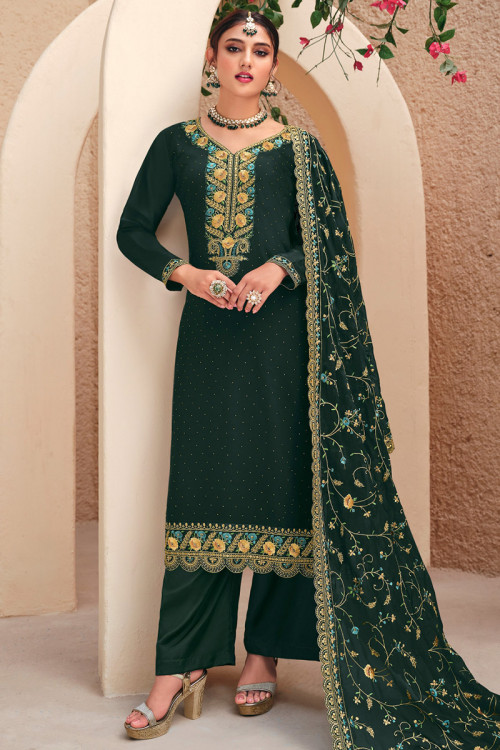 Dark Green Georgette Embroidered Straight Cut Palazzo Suit