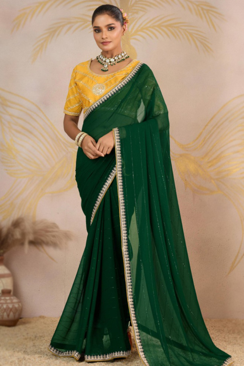 Dark Green Georgette Lace Light Weight Saree 