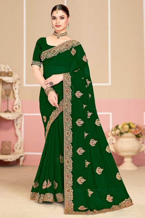 Dark Green Georgette Saree With Dori Work For Festival