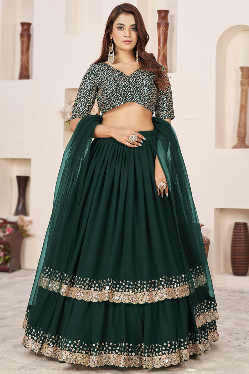 Dark Green Georgette Sequins Embroidered Layered Style Lehenga 