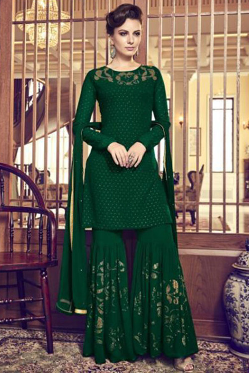 Dark Green Georgette Sharara Suit With Mukaish Work