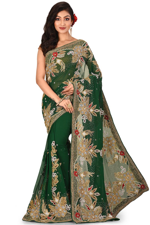 Dark Green Georgette Wedding Saree With Zardosi Work