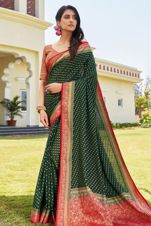 Dark Green Georgette Woven Zari Traditional Saree 