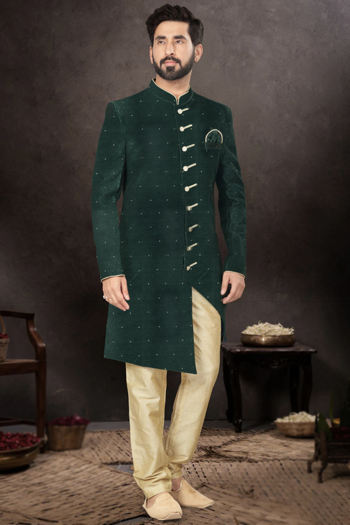 Dark Green Jacquard Men&#039;s Sherwani With Weaved Work For Wedding