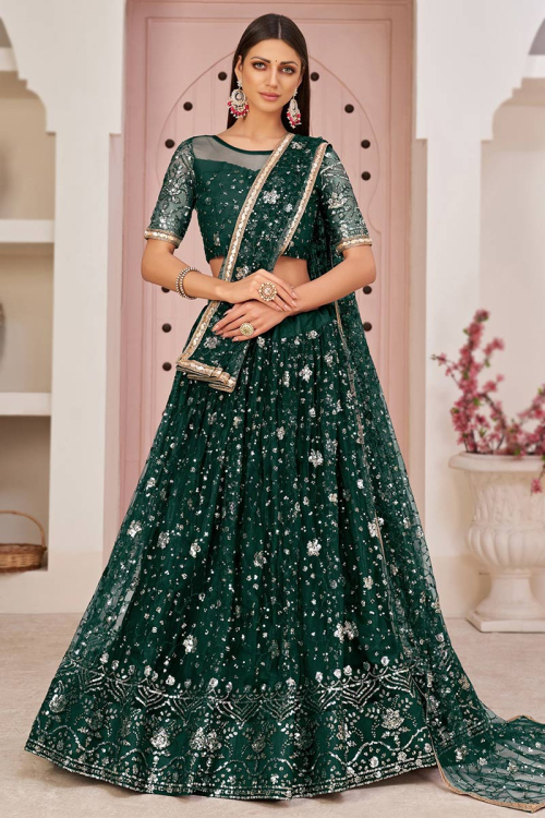Dark Green Net A Line Lehenga