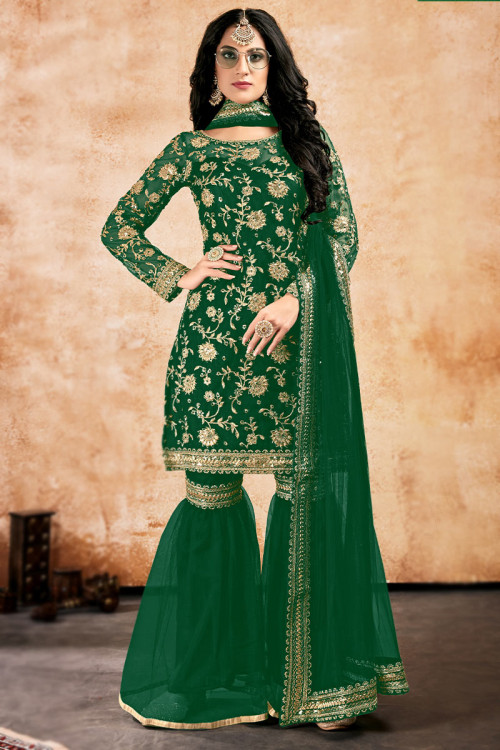 dark green net embroidered pakistani sharara suit lstv113847 1