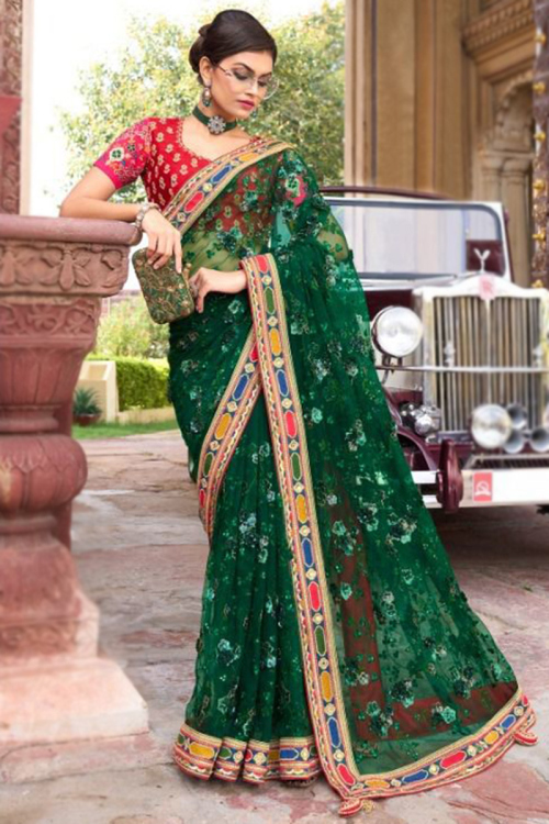 Dark Green Net Embroidered Saree
