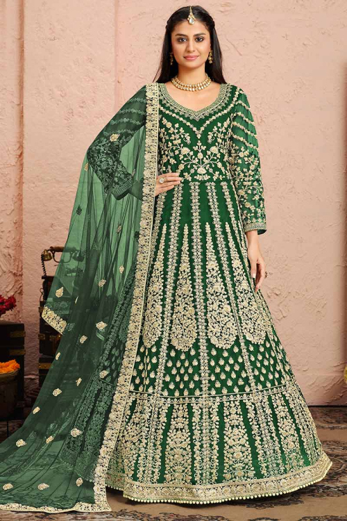 Dark Green Net Indian Wedding Anarkali Suit for Wedding & Party