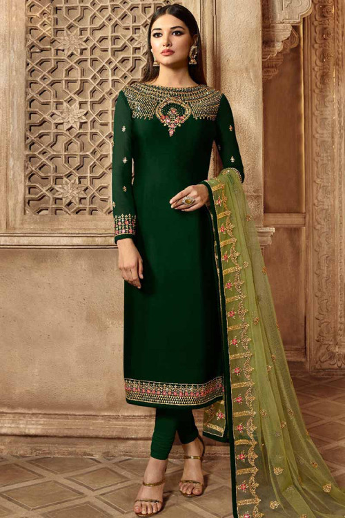 Dark Green Silk Churidar Suit With Resham Work