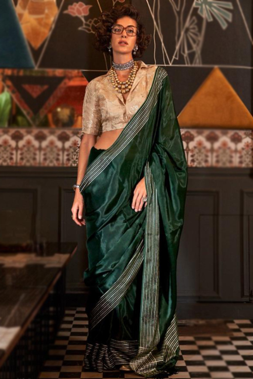 Dark Green Organza Lurex Thread Light Weight Saree