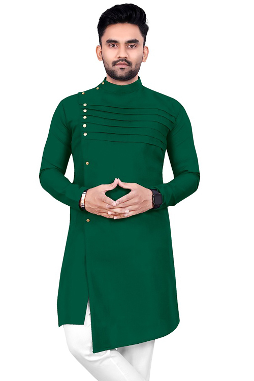 Dark Green Plain Cotton Assymetrical Men's Kurta