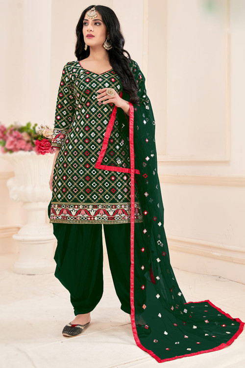 Dark Green Poly Cotton Embroidered Patiala Salwar Suit