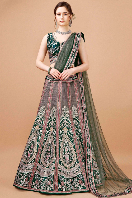 Dark Green Printed Panelled Style Satin Silk Lehenga