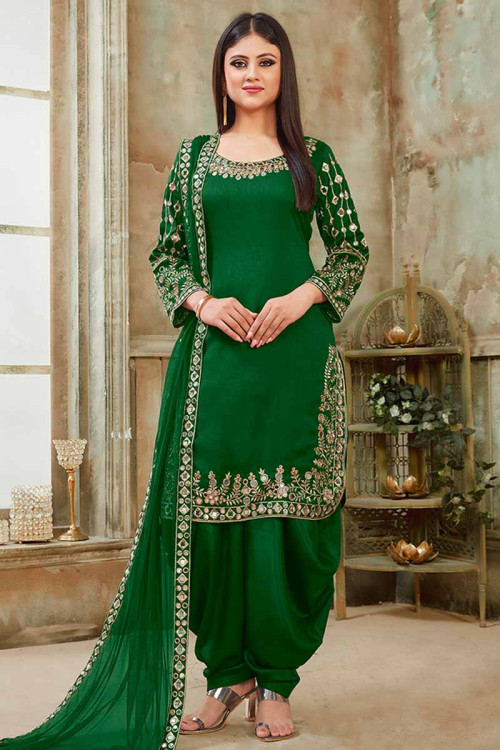 Eid Special Dark Green Raw Silk Patiala Suit With Mirror Work