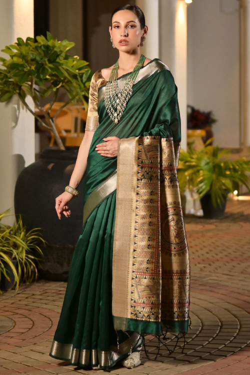 Dark Green Raw Silk Saree With Woven Zari Work For Festival