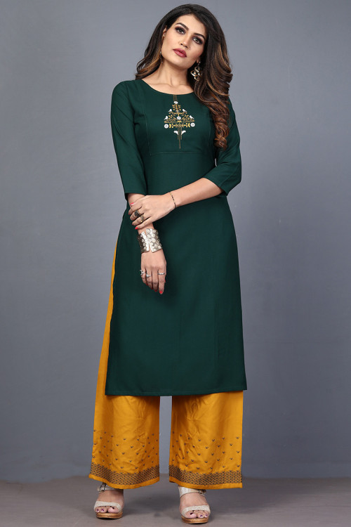 Dark Green Rayon Embroidered Palazzo Suit