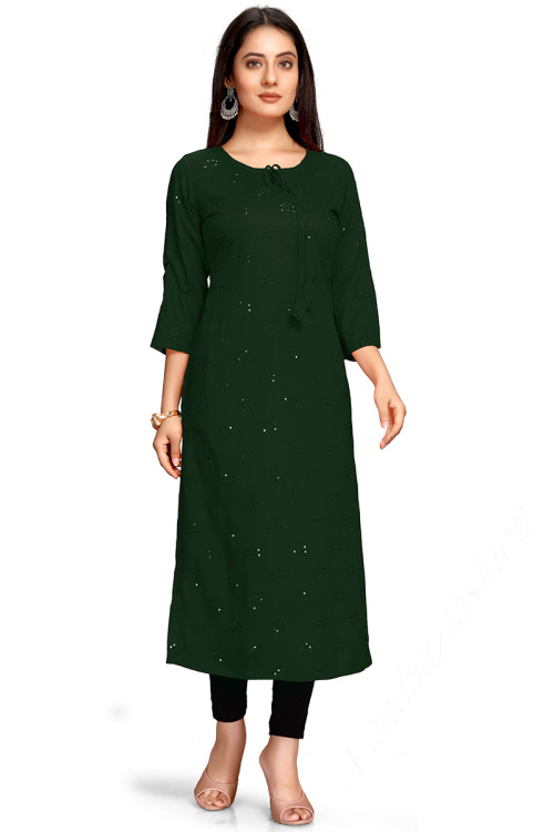 Straight Cut Kurti in Rayon Dark Green for Party 
