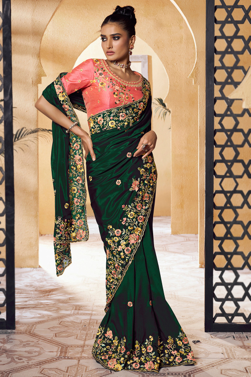 Dark Green Satin Embroidered Light Weight Saree