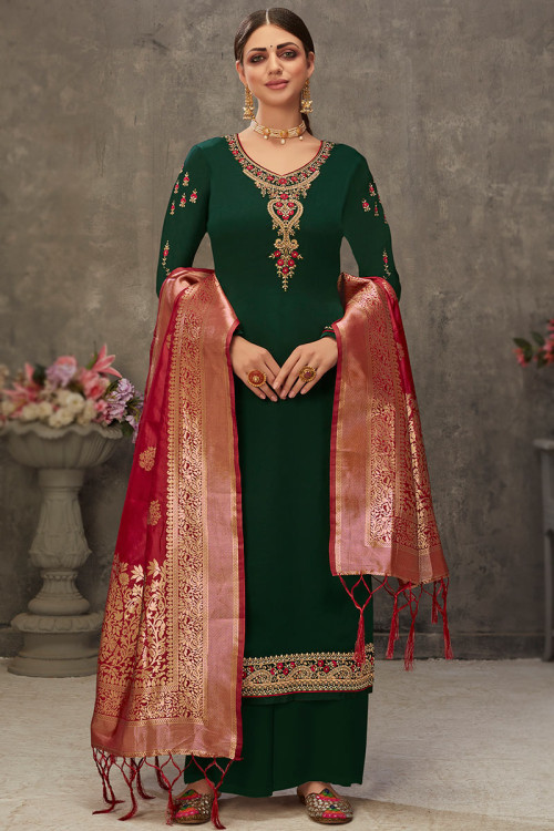 Dark Green Satin Embroidered Trouser Suit