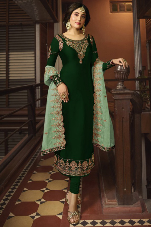 Dark Green Satin Zari Embroidered Churidar Suit