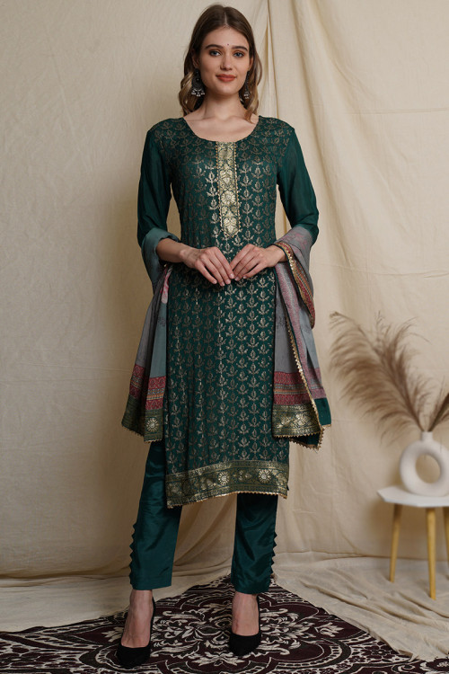 Dark Green Sequins Embroidered Chinnon Trouser Suit For Mehndi 