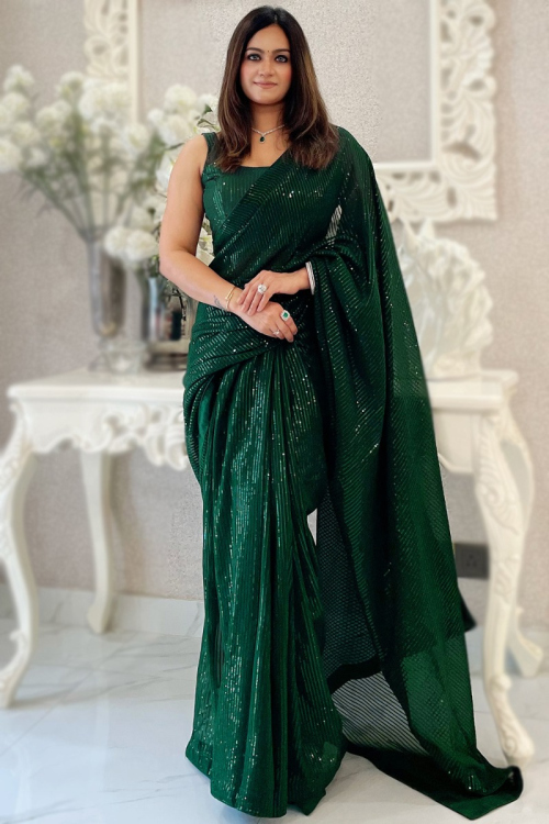 Dark Green Sequins Embroidered Lightweight Georgette Saree