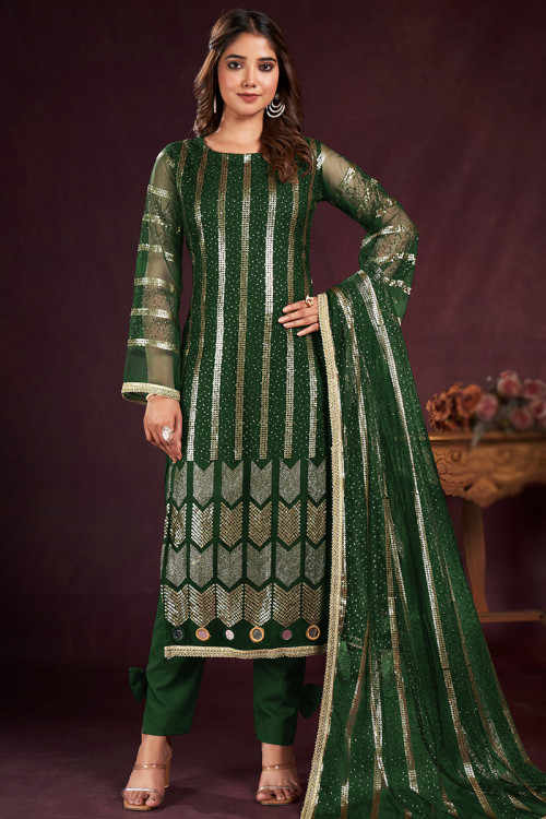 Dark Green Sequins Embroidered Straight Cut Net Trouser Suit