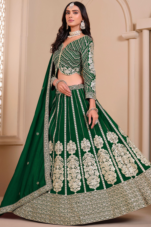 Dark Green Silk Blend Embroidered Lehenga For Wedding