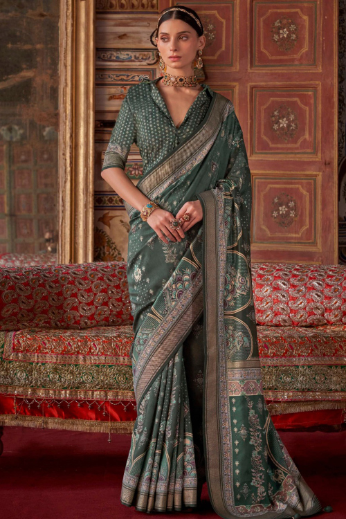 Dark Green Silk Blend Printed Broad Border Saree 
